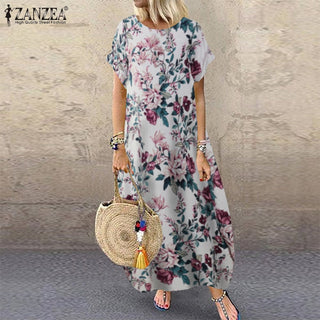 ZANZEA 2023 Fashion Summer Beach Dress Women's Printed Sundress Casual Short Sleeve Maxi Vestidos Female Floral Robe Oversized ALODIA STORE