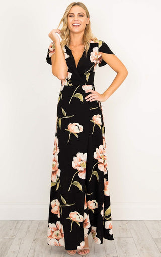 2023 Summer Short Sleeved Long Dress V-neck Split Print Fashion Retro Tiktok Consignment Rayon Robe for Women Party Wedding ALODIA STORE