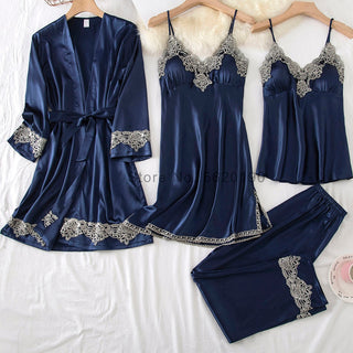 4PCS Satin Sleepwear Lady Pajamas Suit Nighty&amp;Robe Set Sexy Intimate Lingerie Casual Bridal Wedding Gift Homewear Nightgown ALODIA STORE