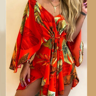 Casual Leaf Leopard Print Harajuku Batwing Sleeve Dress Lady Elegant Lace-Up Irregular Party Dress Sexy V-Neck Women Mini Dress ALODIA STORE