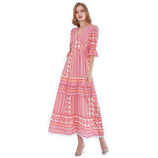 TWOTWINSTYLE Print Vintage Spring Dress For Women V Neck Half Sleeve High Waist Elegant Maxi Dresses Female Fashion New Clothes ALODIA STORE