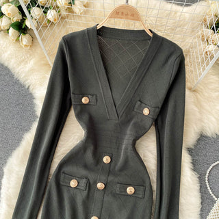 Women Knitted Pencil Dress Korean Long Sleeve V Neck Elastic Slim Dress ALODIA STORE