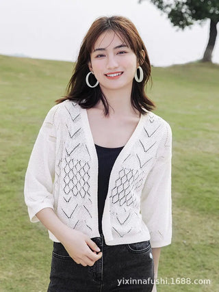Women Blouses White Cropped Knit Plus Size Cardigan Sweater CropTop Autumn Thin Korean Harajuku Vintage Half-Sleeved Sweater ALODIA STORE