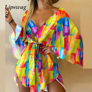 Casual Leaf Leopard Print Harajuku Batwing Sleeve Dress Lady Elegant Lace-Up Irregular Party Dress Sexy V-Neck Women Mini Dress ALODIA STORE