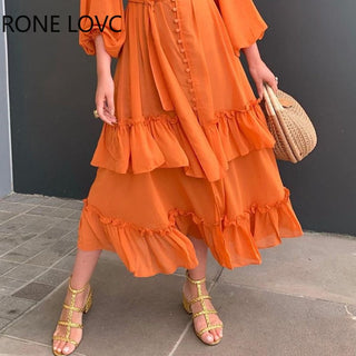 Women Ruffles Frill Hem Lantern Sleeve Button Front Dress Casual Dress Summer Dress ALODIA STORE