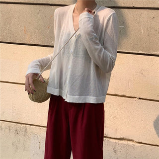 Cardigan Women Korean Long Sleeve Cardigan Summer Cropped Cardigan Knitted V-Neck Thin Ice Silk Sweaters Sunscreen Shirt Tops ALODIA STORE