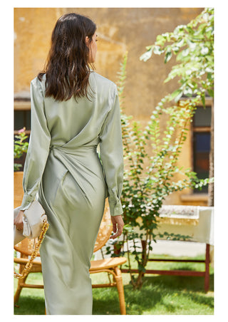 AEL lace up satin robe dress casual loose ladies Single breasted long shirt dress ALODIA STORE