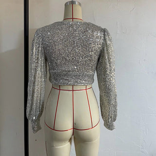 Elegant Women Sequined Tops 2021 Spring Fashion Ladies Vintage Silver Top Party Female Sexy V-Neck Tops Femme Girls Chic Clothes ALODIA STORE