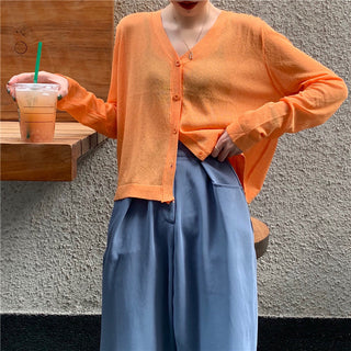 Cardigan Women Korean Long Sleeve Cardigan Summer Cropped Cardigan Knitted V-Neck Thin Ice Silk Sweaters Sunscreen Shirt Tops ALODIA STORE