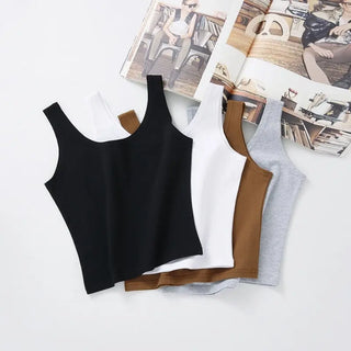 Summer Slim Solid Color Short Top Sexy Sleeveless U Croptops Women Tank Tops White Cotton Tops Vest For Ladies ALODIA STORE