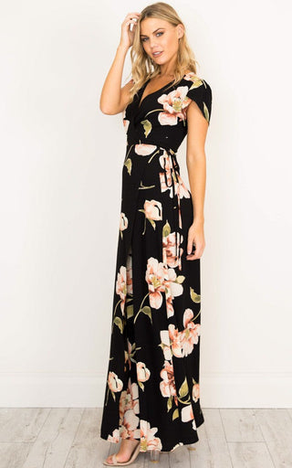 2023 Summer Short Sleeved Long Dress V-neck Split Print Fashion Retro Tiktok Consignment Rayon Robe for Women Party Wedding ALODIA STORE