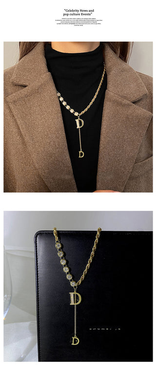 Design Sense Micro Setting Zircon D Letter Pendant Long Necklace Winter Sweater Chain Fashion Jewelry For Woman Girls Party Gift ALODIA STORE