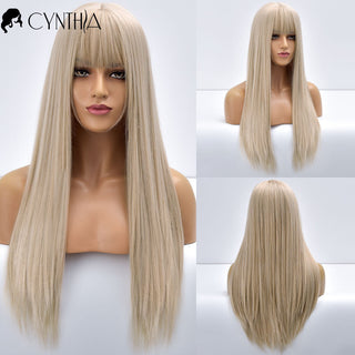 Blonde Ombre Long Straight Gold Synthetic Wig With Bangs For Black White Women Heat Resistant Fiber Daily Hair Cosplay Wigs ALODIA STORE