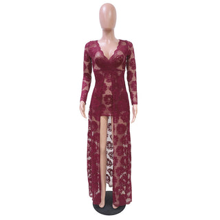 Adogirl Embroidery Floral Lace Dress Women Sexy See Through Long Sleeve Bodycon Women Dress Vintage Club Wear Party Dress Robe ALODIA STORE