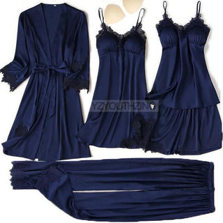 5PCS Robe Suit Satin Women Nightwear Lace Kimono Gown Bridal Wedding Bathrobe Set Sexy Pajamas V-Neck Sleepwear Lounge Lingerie ALODIA STORE