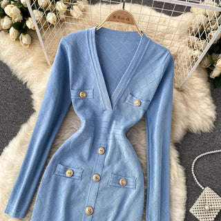 Women Knitted Pencil Dress Korean Long Sleeve V Neck Elastic Slim Dress ALODIA STORE