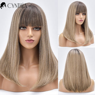 Blonde Ombre Long Straight Gold Synthetic Wig With Bangs For Black White Women Heat Resistant Fiber Daily Hair Cosplay Wigs ALODIA STORE