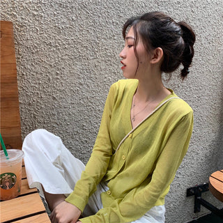Cardigan Women Korean Long Sleeve Cardigan Summer Cropped Cardigan Knitted V-Neck Thin Ice Silk Sweaters Sunscreen Shirt Tops ALODIA STORE