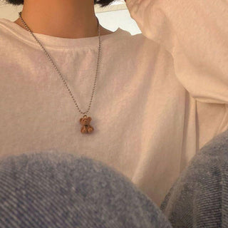 Cute Plush Bear Pendant Necklace for Girls Women Korean Fashion Bear Long Sweater Neck Chain Necklaces Collar Jewelry ALODIA STORE