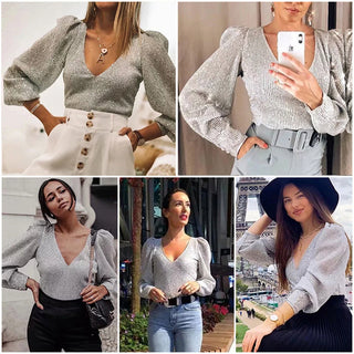 Elegant Women Sequined Tops 2021 Spring Fashion Ladies Vintage Silver Top Party Female Sexy V-Neck Tops Femme Girls Chic Clothes ALODIA STORE