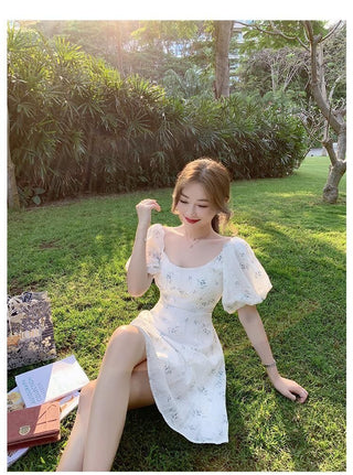 Summer Elegant Puff Sleeve French Floral Print Mini Dress Japan Style Kawaii Dress Women 2023 ALODIA STORE