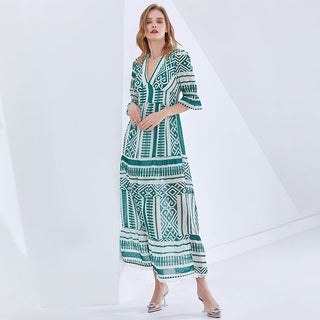 TWOTWINSTYLE Print Vintage Spring Dress For Women V Neck Half Sleeve High Waist Elegant Maxi Dresses Female Fashion New Clothes ALODIA STORE