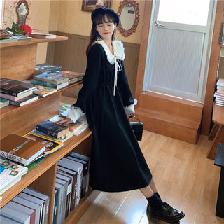 Vintage Dress Women Sweet Lace Peter Pan Collar French Elegant Long Sleeve Lace-Up Fairy One Piece Dress Korean 2021 Autumn Chic ALODIA STORE