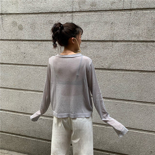 Cardigan Women Korean Long Sleeve Cardigan Summer Cropped Cardigan Knitted V-Neck Thin Ice Silk Sweaters Sunscreen Shirt Tops ALODIA STORE