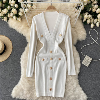 Women Knitted Pencil Dress Korean Long Sleeve V Neck Elastic Slim Dress ALODIA STORE