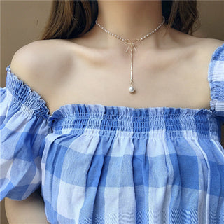 women geometry necklace, pearl asymmetry of fashionable, metal, aureate bowknot, collarbone chain necklace fashion ALODIA STORE