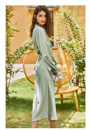 AEL lace up satin robe dress casual loose ladies Single breasted long shirt dress ALODIA STORE