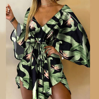 Casual Leaf Leopard Print Harajuku Batwing Sleeve Dress Lady Elegant Lace-Up Irregular Party Dress Sexy V-Neck Women Mini Dress ALODIA STORE