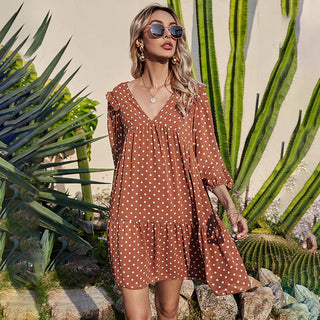 Aachoae Women Casual Loose Polka Dot Dress V Neck Pleated Chiffon Dress Lantern Half Sleeve Mini Beach Dress Summer Robe Femme ALODIA STORE