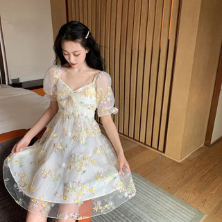 French Floral Dress Women Sexy Puff Sleeve Lace Chiffon Print Mini Dress Women Summer Korean Style Vintage Fairy Dress New 2023 ALODIA STORE