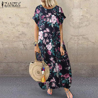 ZANZEA 2023 Fashion Summer Beach Dress Women's Printed Sundress Casual Short Sleeve Maxi Vestidos Female Floral Robe Oversized ALODIA STORE