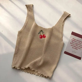 Cherries Embroidery Sleeveless Ropa Para Mujer Cropped Black Top Knitted Tank White Ribbed Camis Purple Croptop Womens Clothes ALODIA STORE