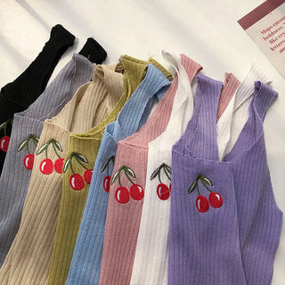 Cherries Embroidery Sleeveless Ropa Para Mujer Cropped Black Top Knitted Tank White Ribbed Camis Purple Croptop Womens Clothes ALODIA STORE