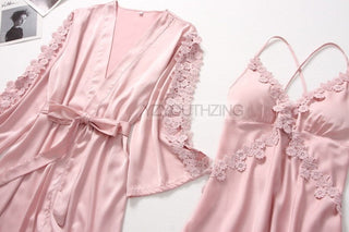 5PCS Robe Suit Satin Women Nightwear Lace Kimono Gown Bridal Wedding Bathrobe Set Sexy Pajamas V-Neck Sleepwear Lounge Lingerie ALODIA STORE