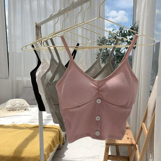 Women Camisole Fashion Wild Solid Color Sling Tank Top Summer New Button V-neck Cotton Vest With Removable Chest Pad ALODIA STORE