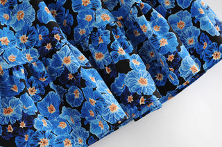 Vintage Blue Floral Print Dress Women Lantern Sleeve Square Neck A-line Dress Modern Female Holiday Summer Mini Chiffon Dress ALODIA STORE