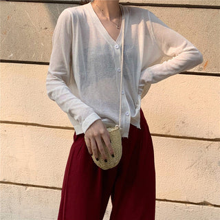 Cardigan Women Korean Long Sleeve Cardigan Summer Cropped Cardigan Knitted V-Neck Thin Ice Silk Sweaters Sunscreen Shirt Tops ALODIA STORE