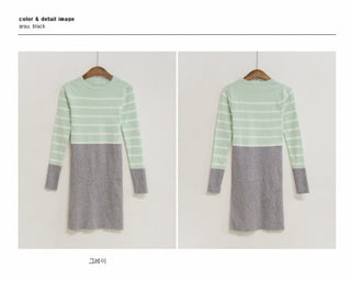 Fresh mint color Korean round neck stripe contrast knit bag hip dress knitting Cotton  Office Lady  Sheath  Knee-Length ALODIA STORE
