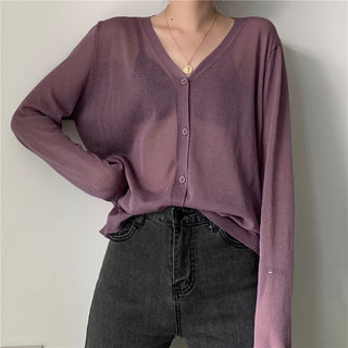 Cardigan Women Korean Long Sleeve Cardigan Summer Cropped Cardigan Knitted V-Neck Thin Ice Silk Sweaters Sunscreen Shirt Tops ALODIA STORE