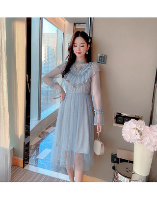 2022 Brand New Women Romantic Tulle Dress Stand Collar Beading Tassels Ruffles Long Sleeve Mesh Dress Cute Mid Dress Vestidos ALODIA STORE