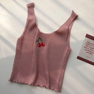 Cherries Embroidery Sleeveless Ropa Para Mujer Cropped Black Top Knitted Tank White Ribbed Camis Purple Croptop Womens Clothes ALODIA STORE