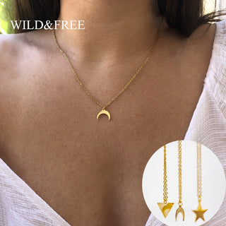 Wild&amp;Free Gold Plated Triangle Moon Star Pendant Necklace For Women Girls Short Geometric Charm Necklace ladies gift ALODIA STORE