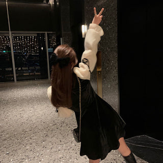 Vintage Mini Dress Lolita Women 2023 Autumn Lace Bow Velvet Evening Party Dress Female Y2k Casual Kawaii One Piece Dress Korean ALODIA STORE