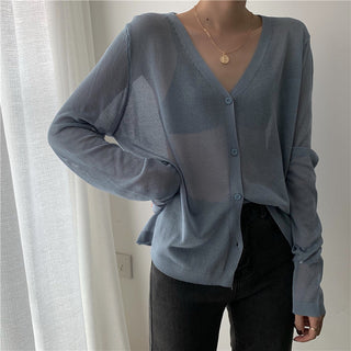 Cardigan Women Korean Long Sleeve Cardigan Summer Cropped Cardigan Knitted V-Neck Thin Ice Silk Sweaters Sunscreen Shirt Tops ALODIA STORE