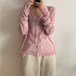 Cardigan Women Korean Long Sleeve Cardigan Summer Cropped Cardigan Knitted V-Neck Thin Ice Silk Sweaters Sunscreen Shirt Tops ALODIA STORE