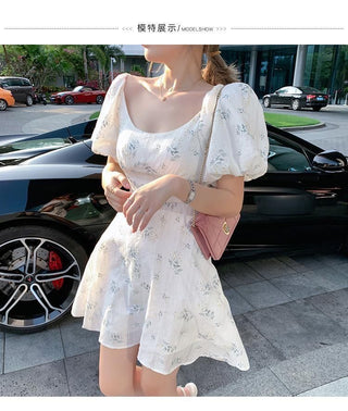 Summer Elegant Puff Sleeve French Floral Print Mini Dress Japan Style Kawaii Dress Women 2023 ALODIA STORE